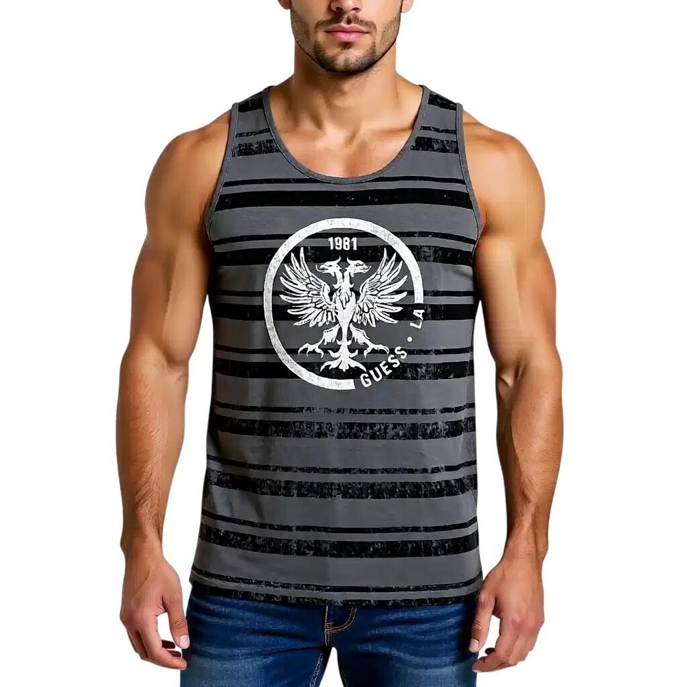 GUESS Mens Striped Eagle Graphic Tank Top Grey Black Logo Sleeveless Shirt L NWT